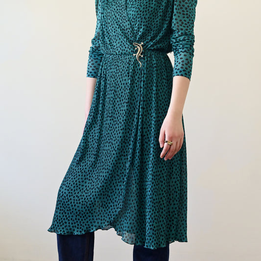 垂墜打褶飄逸印花古著洋裝