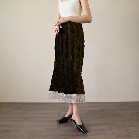 Upcycling壓褶天鵝絨流蘇古著魚尾裙