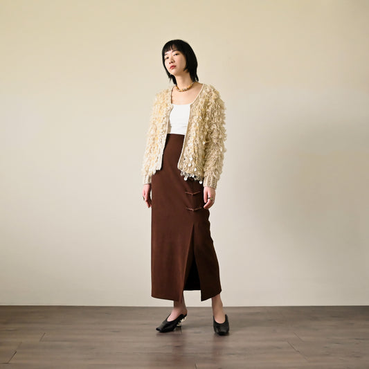 盤釦綴飾絨面高腰古著長裙