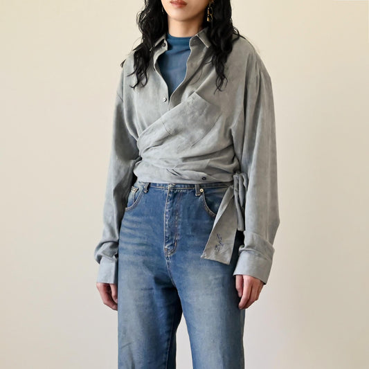 Upcycling短版綁帶古著襯衫