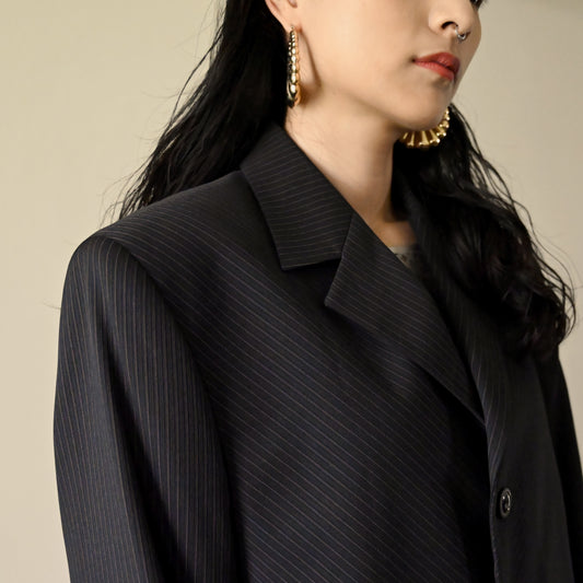 寬大輪廓條紋單襟古著西裝外套