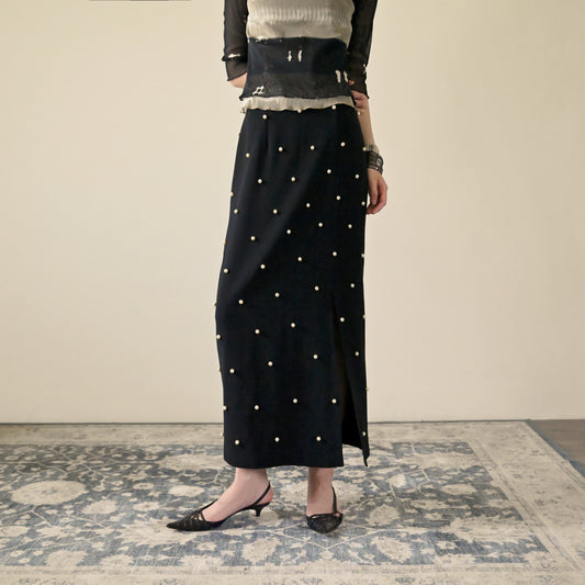 Upcycling 珍珠綴飾開衩古著長裙