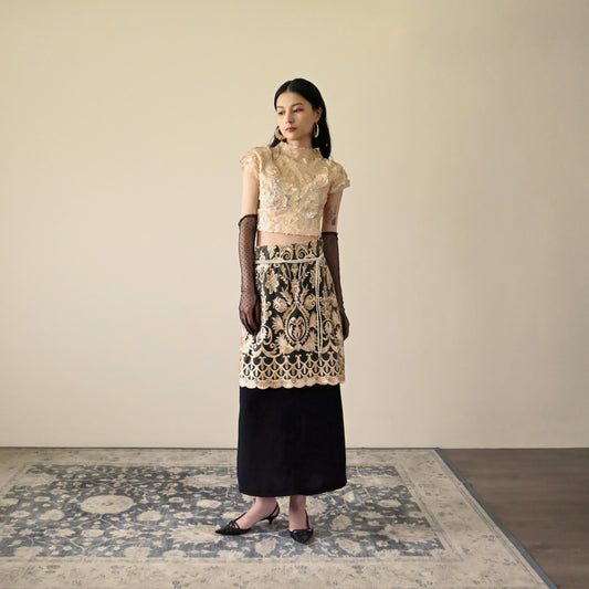 Upcycling 刺繡蕾絲拼接古著長裙