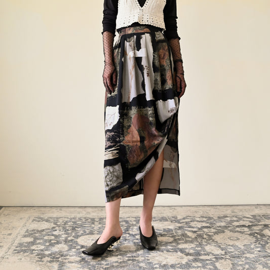 Upcycling垂墜抓褶印花古著裙