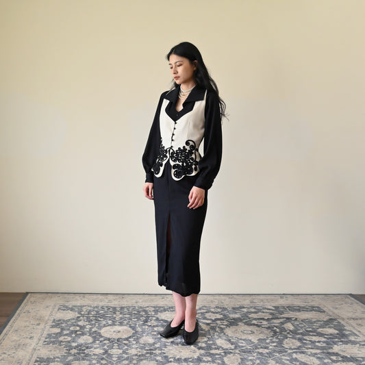 拼色設計假兩件式古著洋裝