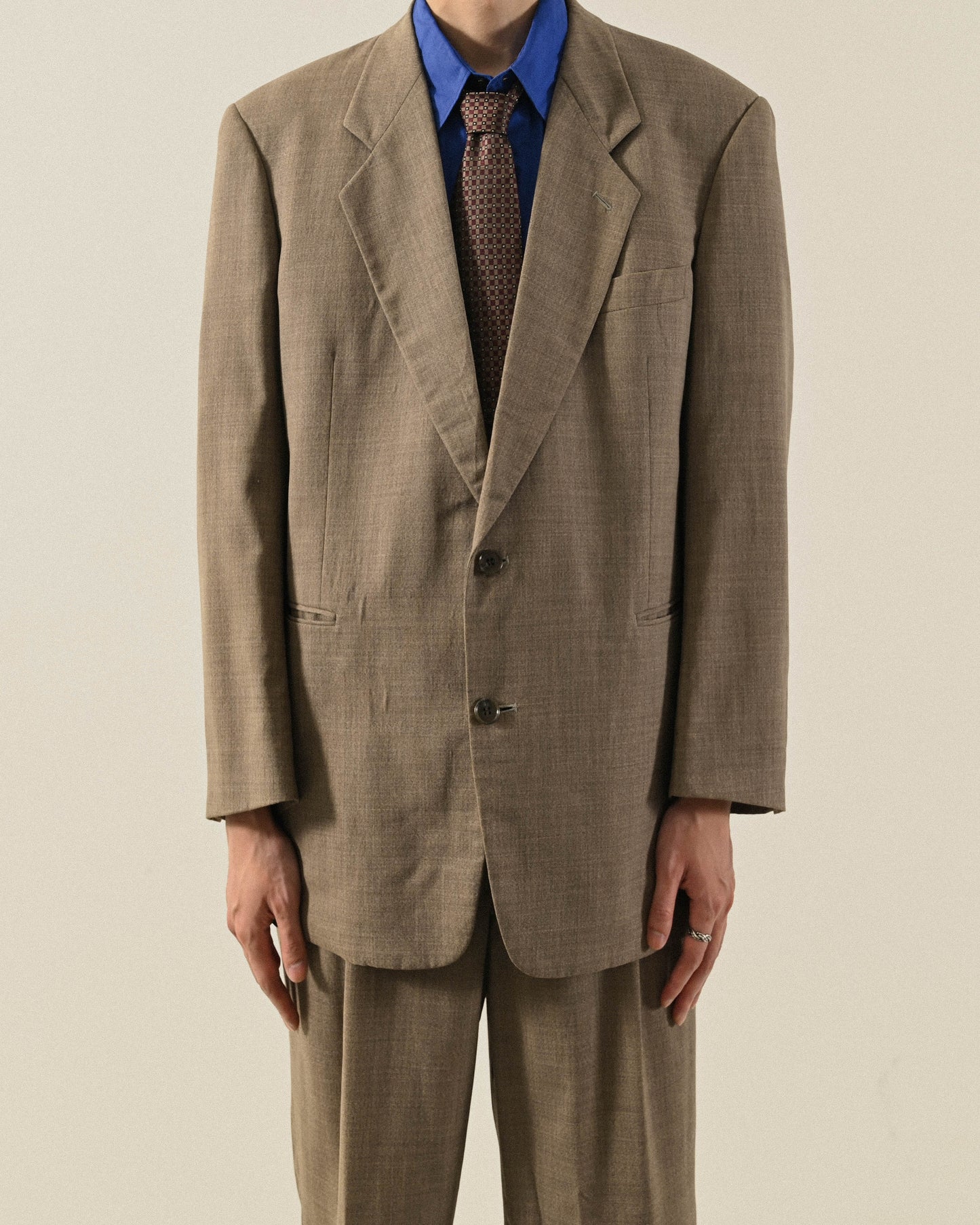 燕麥色薄毛經典輪廓古著西裝套裝