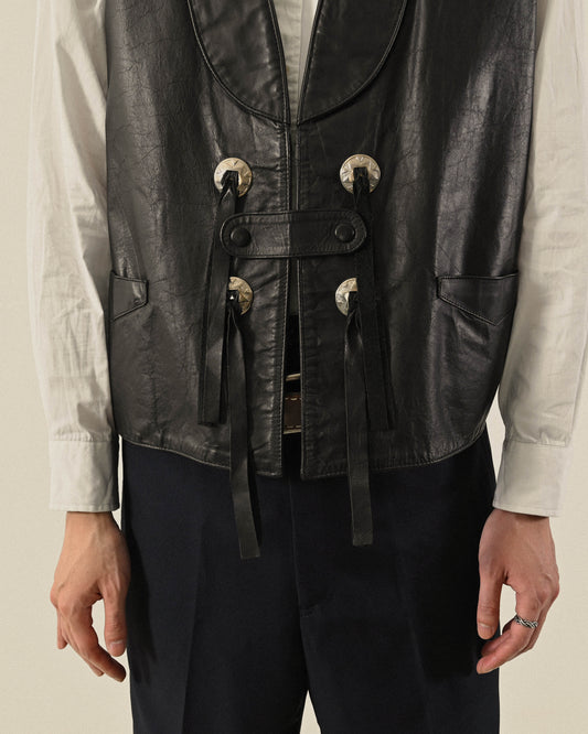 美國製絲瓜領型皮革古著背心