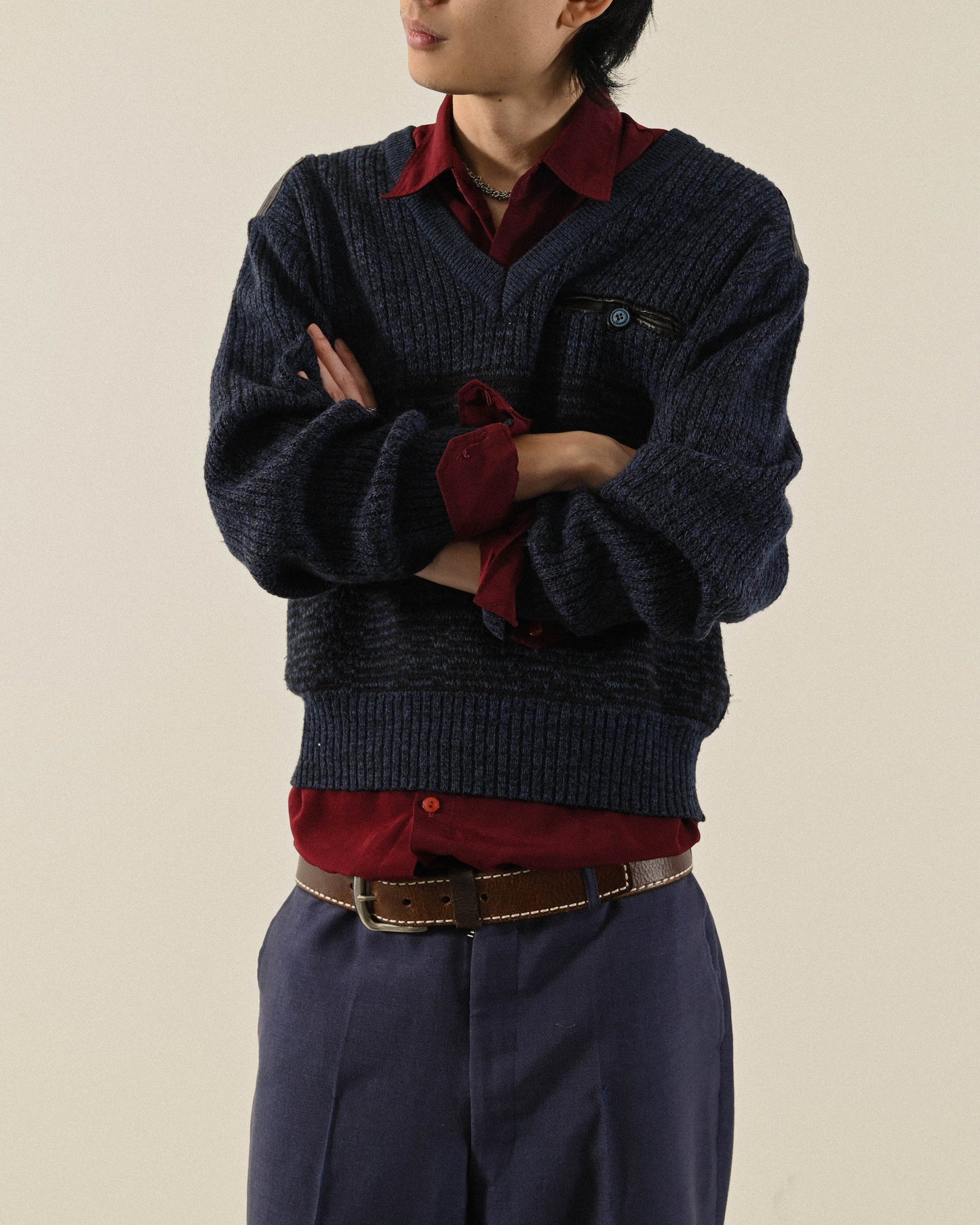 紋理拼接V領寬鬆古著毛衣