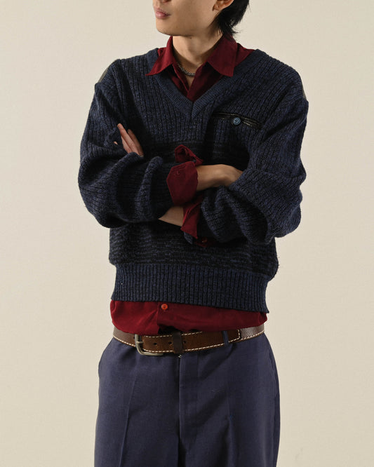 紋理拼接V領寬鬆古著毛衣