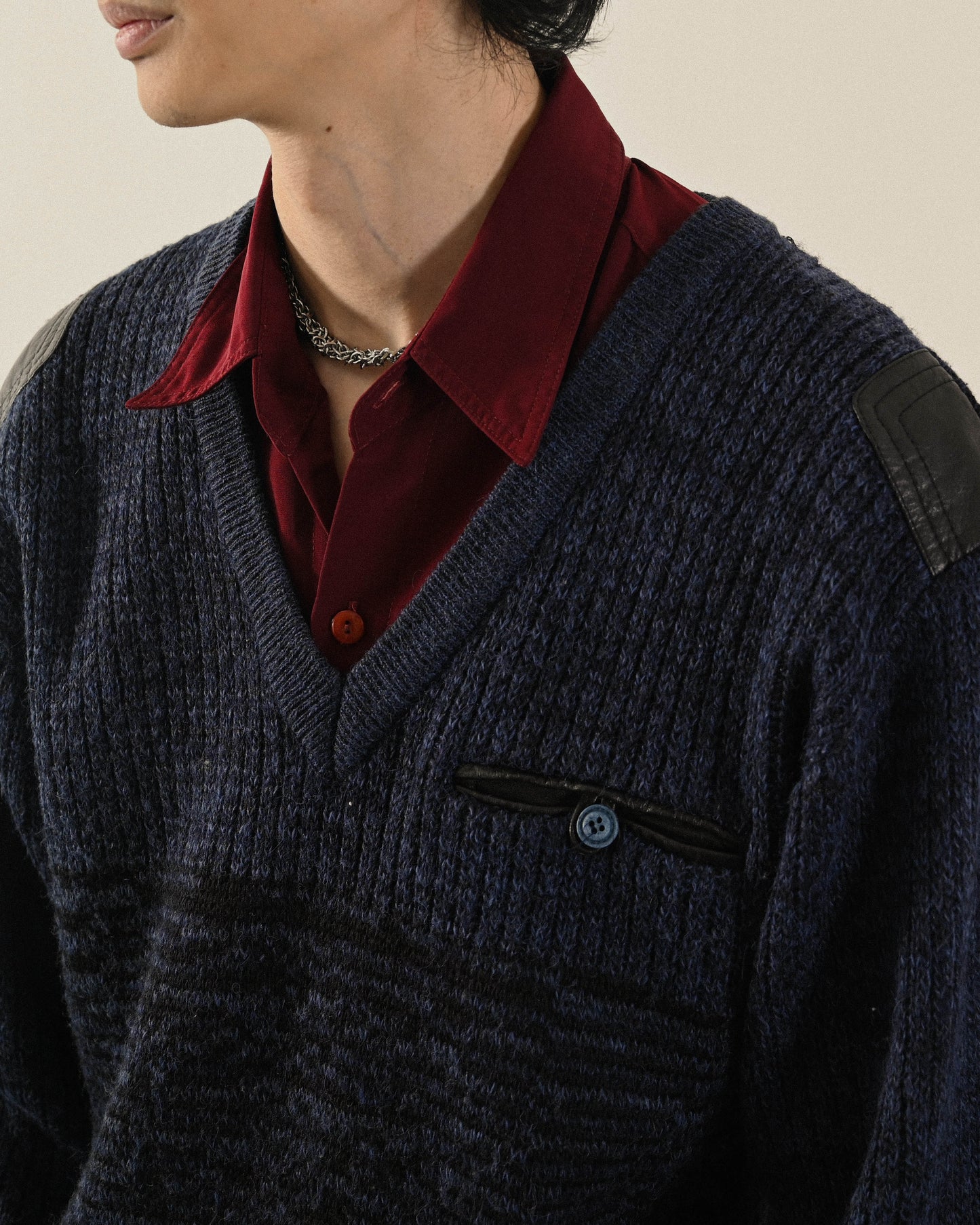 紋理拼接V領寬鬆古著毛衣