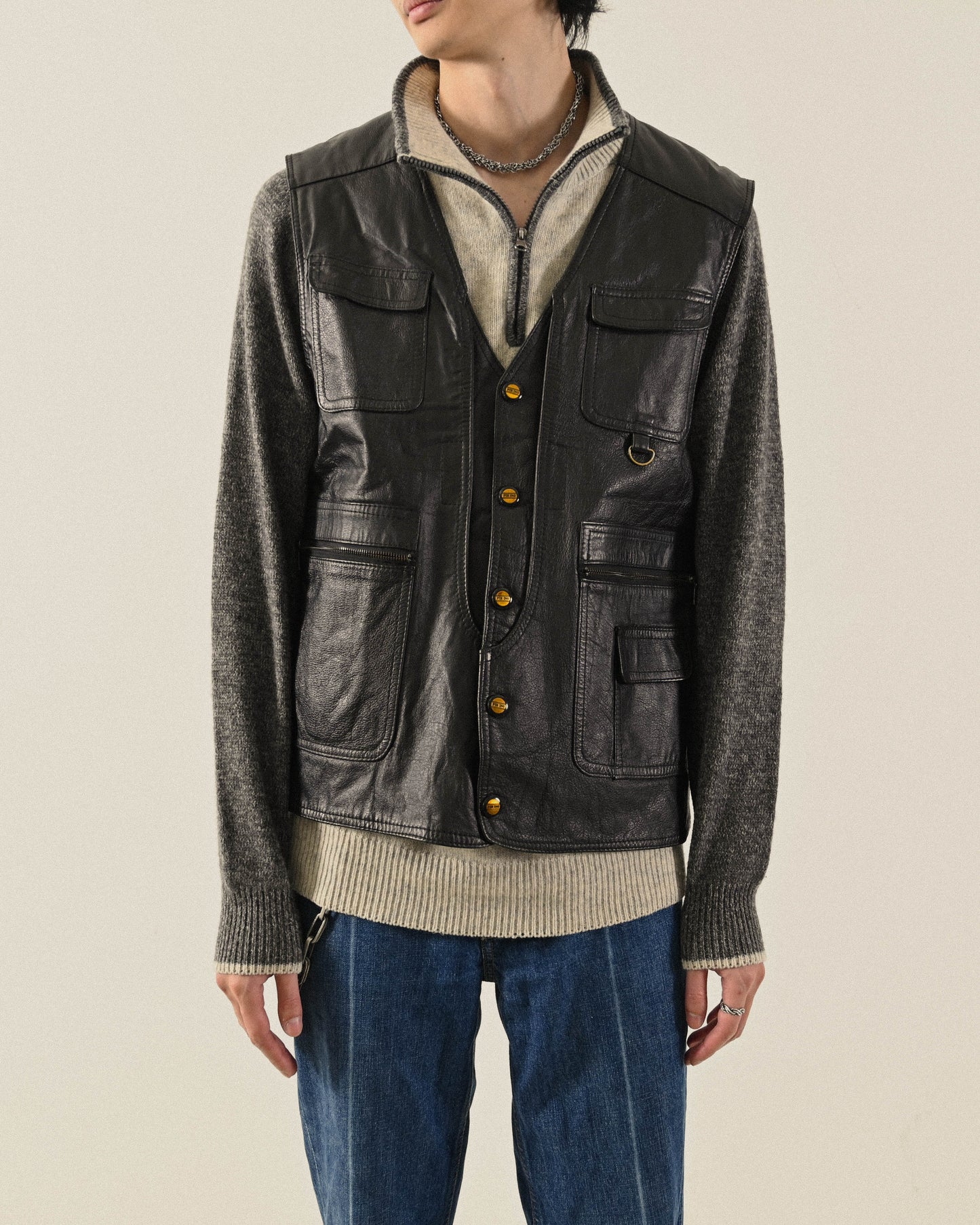 工裝風格多口袋皮革古著背心