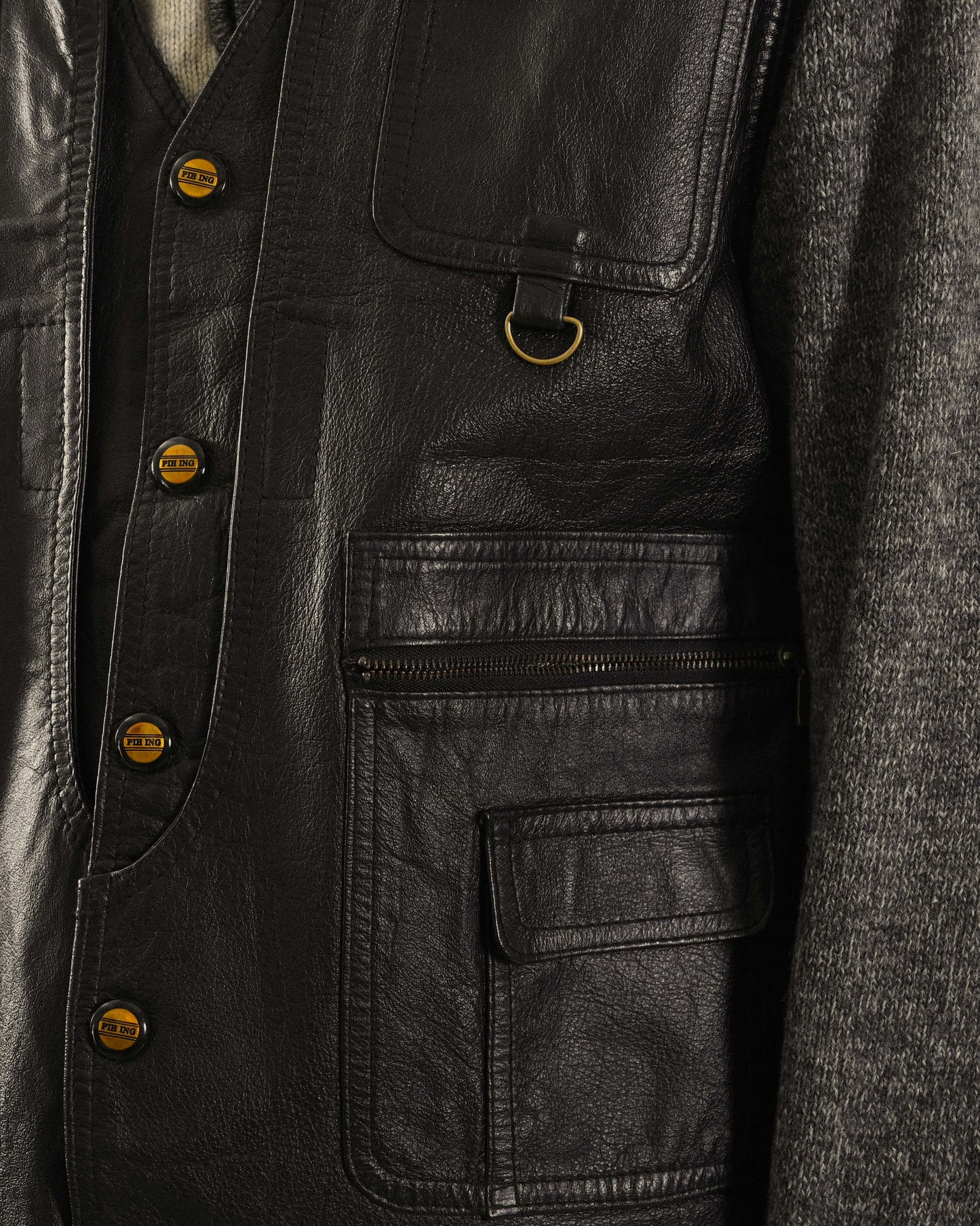 工裝風格多口袋皮革古著背心