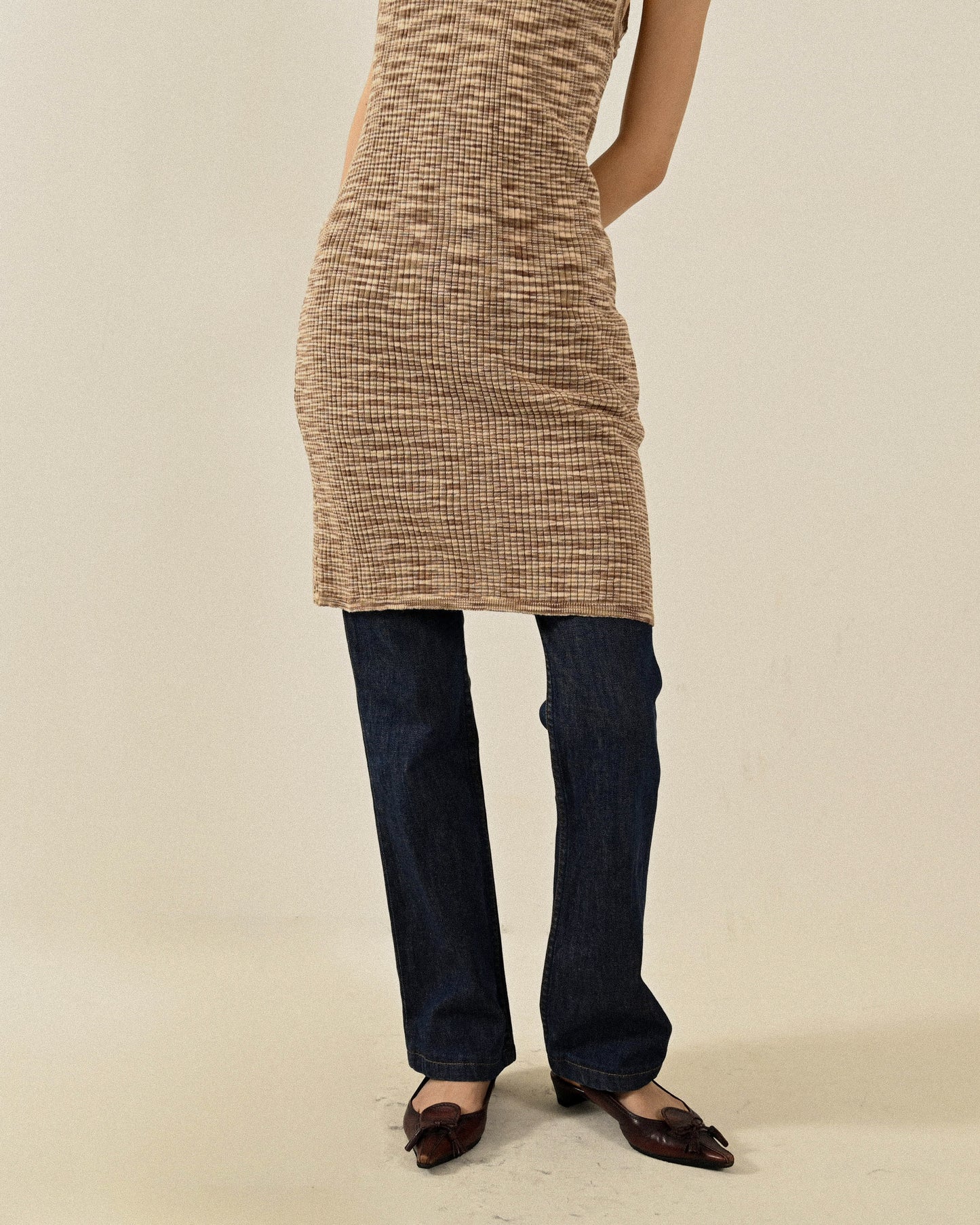 混色混紡針織螺紋古著洋裝