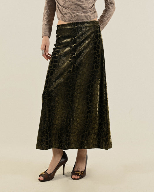 動物斑紋天鵝絨緹花古著長裙