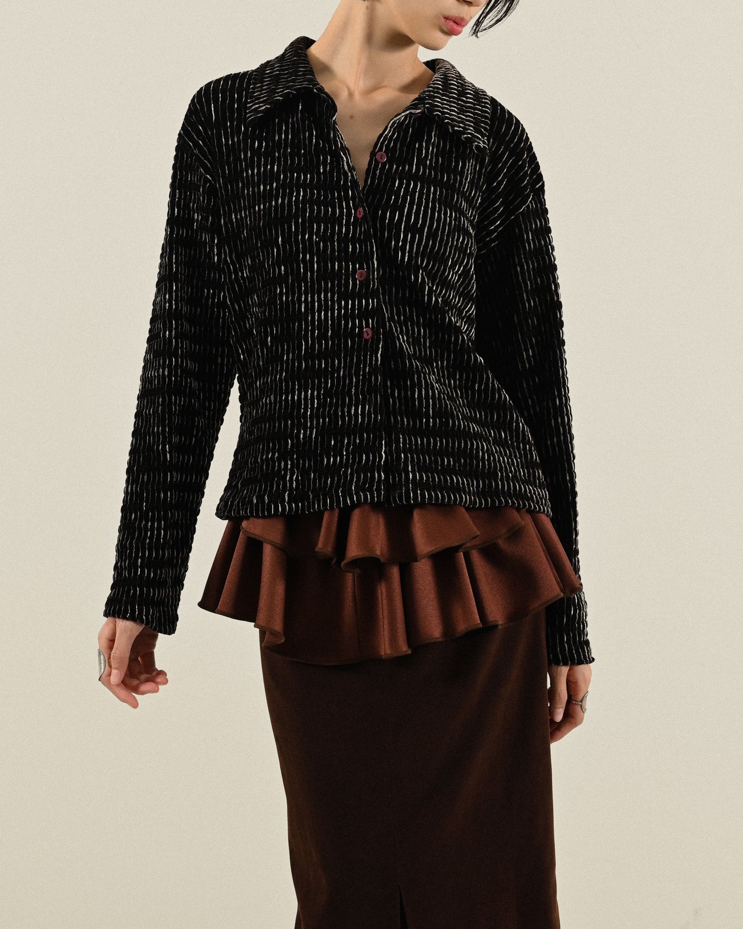 色線混紡絨面緹花古著襯衫