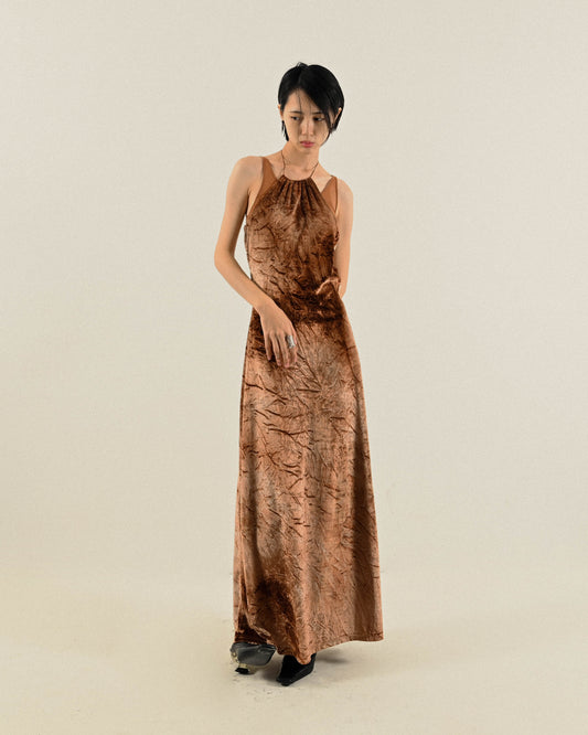 法國製繞頸設計天鵝絨古著洋裝