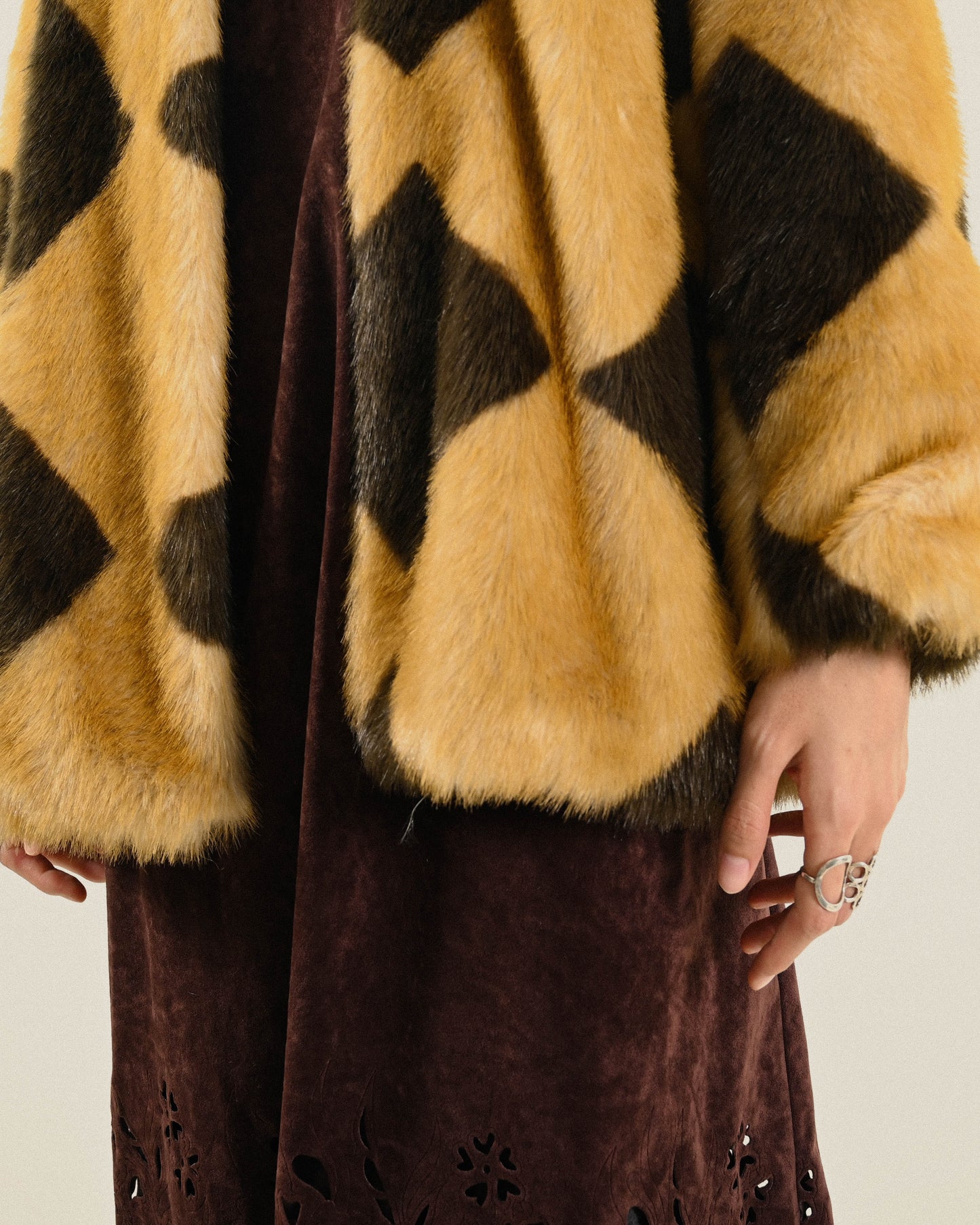 菱格圖紋人造皮草古著外套