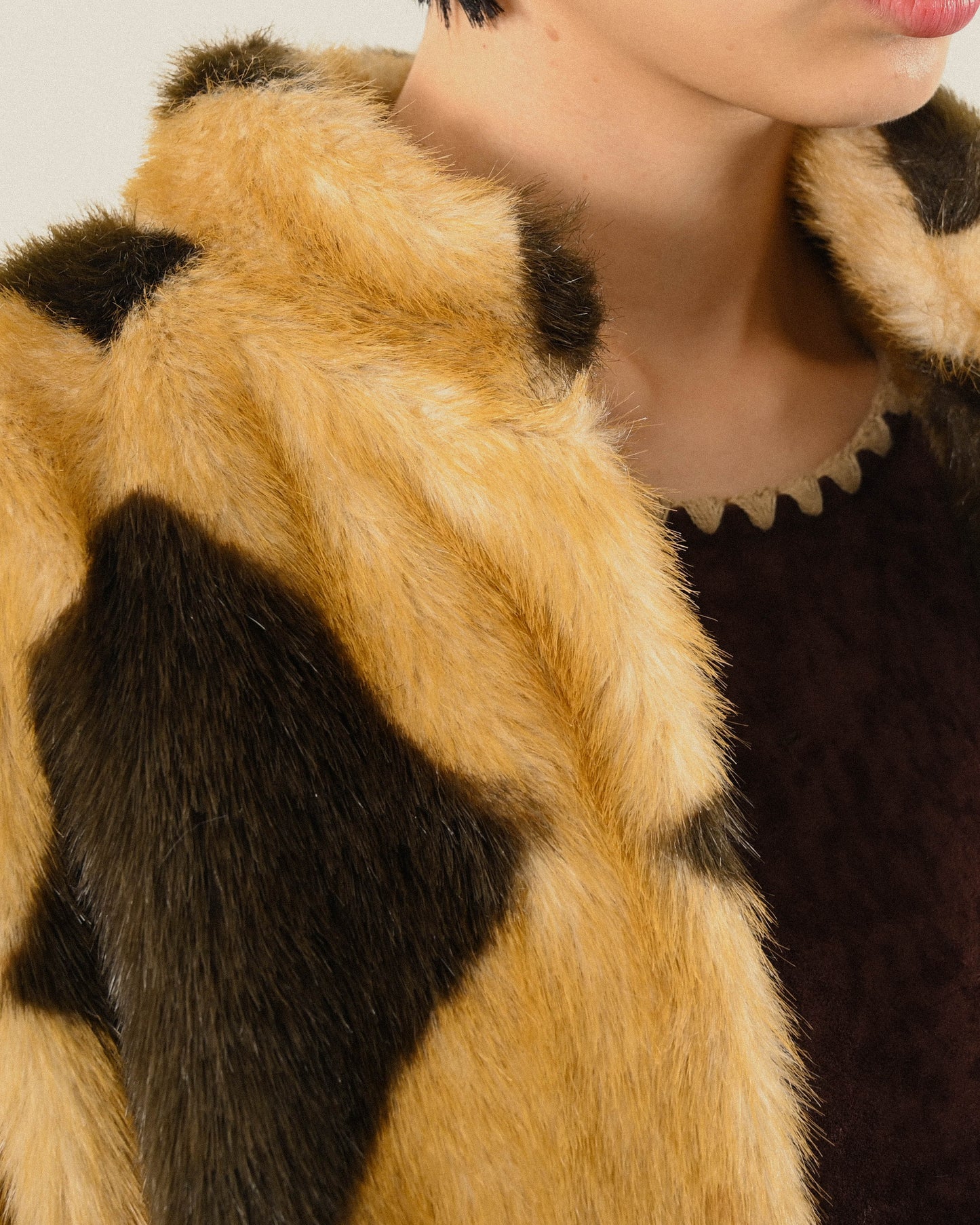 菱格圖紋人造皮草古著外套