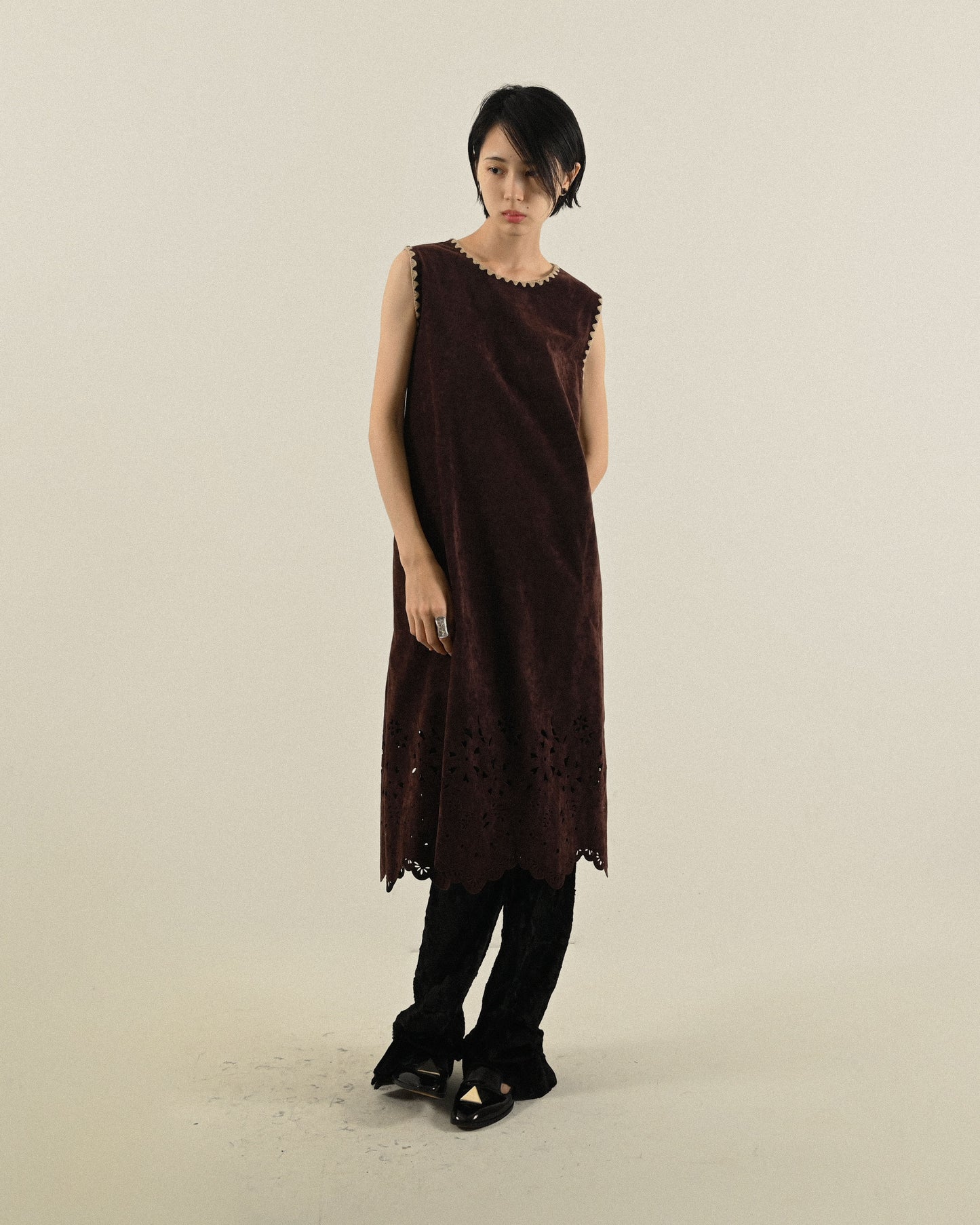 雷射雕花絨面無袖古著洋裝