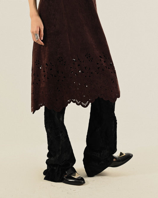 雷射雕花絨面無袖古著洋裝