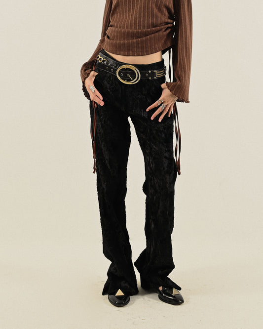 絨面緹花純色古著長褲