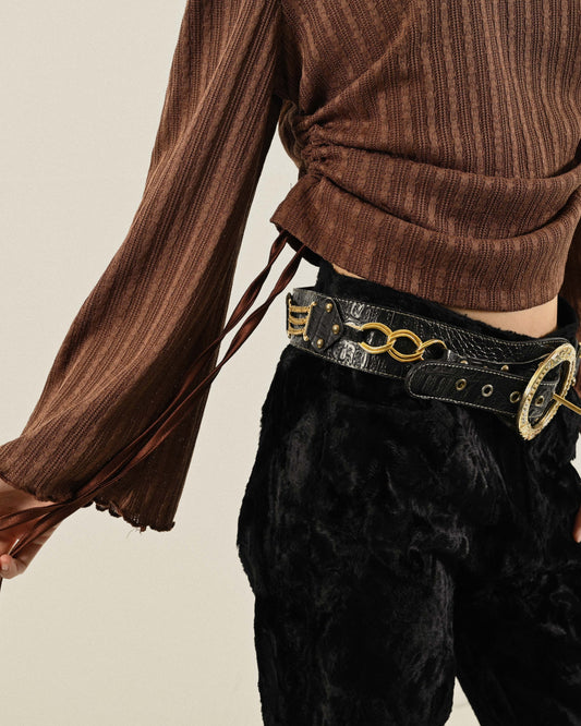 金屬扣環壓紋古著皮帶