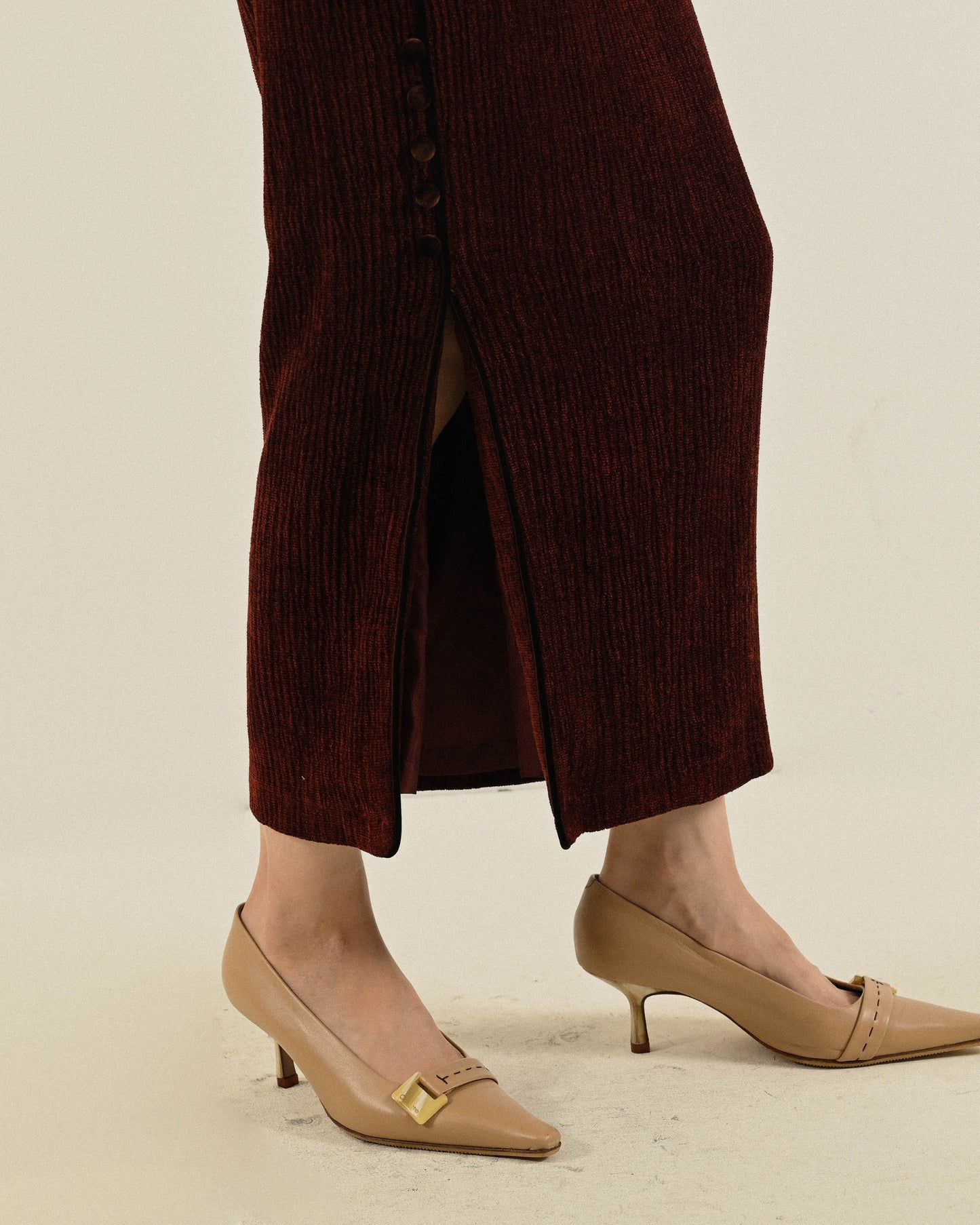 絨面緹花開衩古著長裙