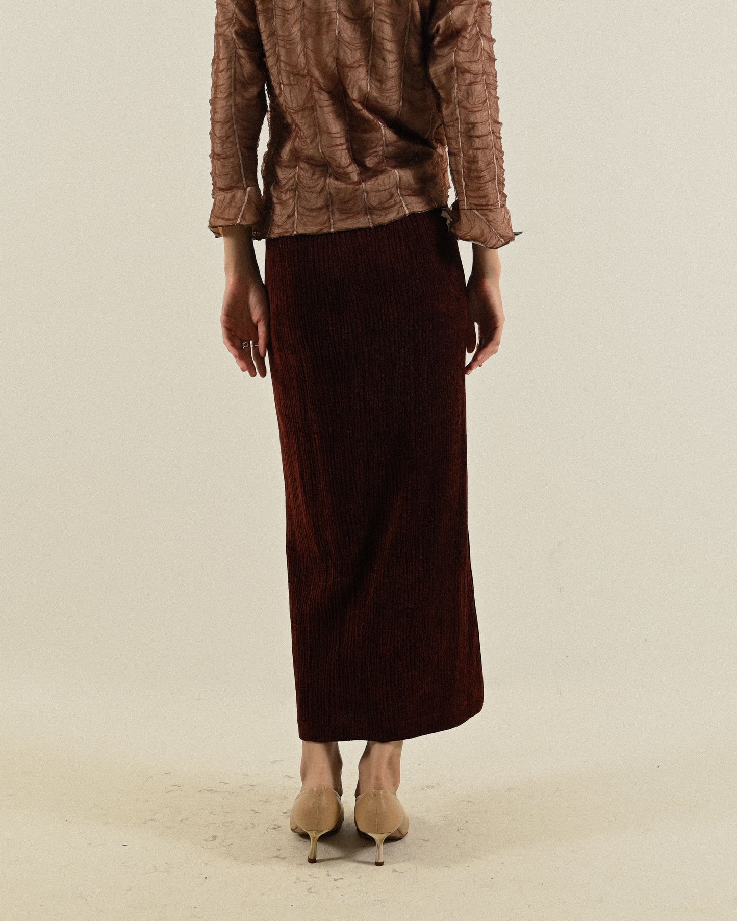 絨面緹花開衩古著長裙