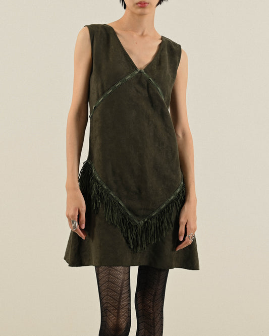 流蘇綴飾絨面古著洋裝