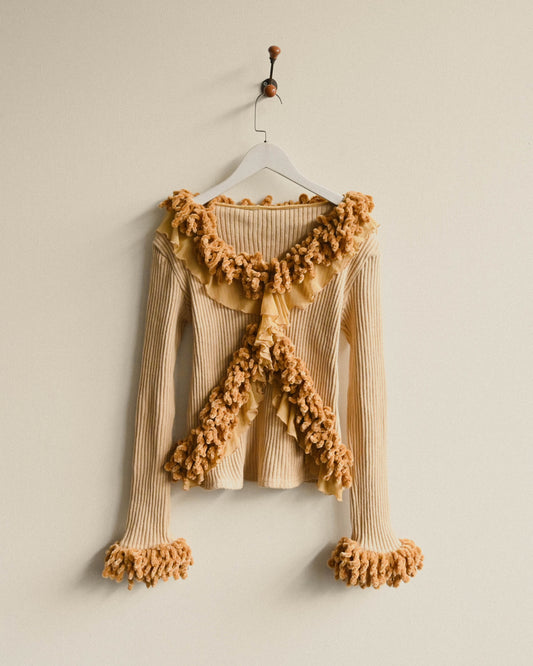 圈絨織帶螺紋開襟古著毛衣