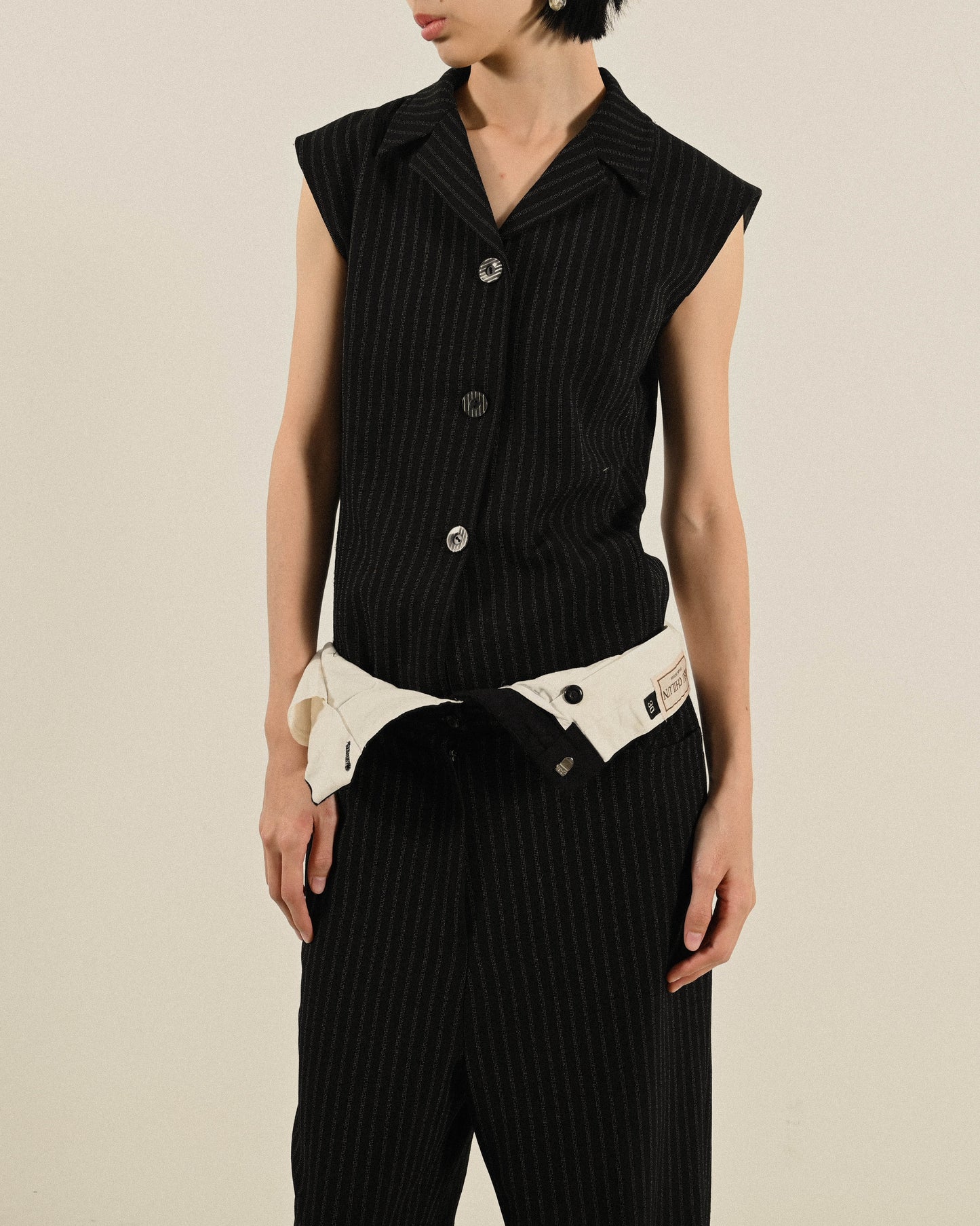 Upcycling反折褲頭條紋古著長褲