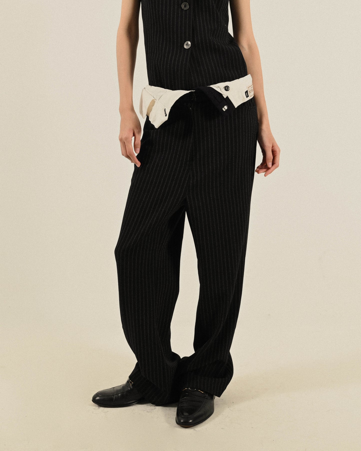 Upcycling反折褲頭條紋古著長褲