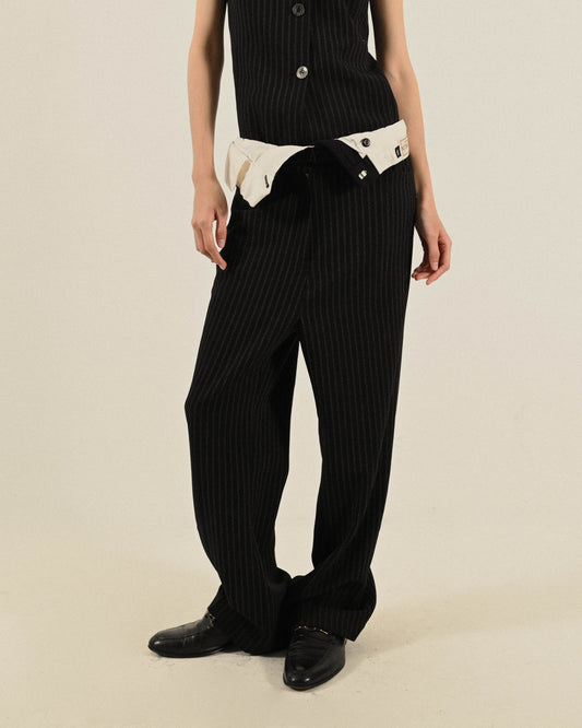 Upcycling反折褲頭條紋古著長褲