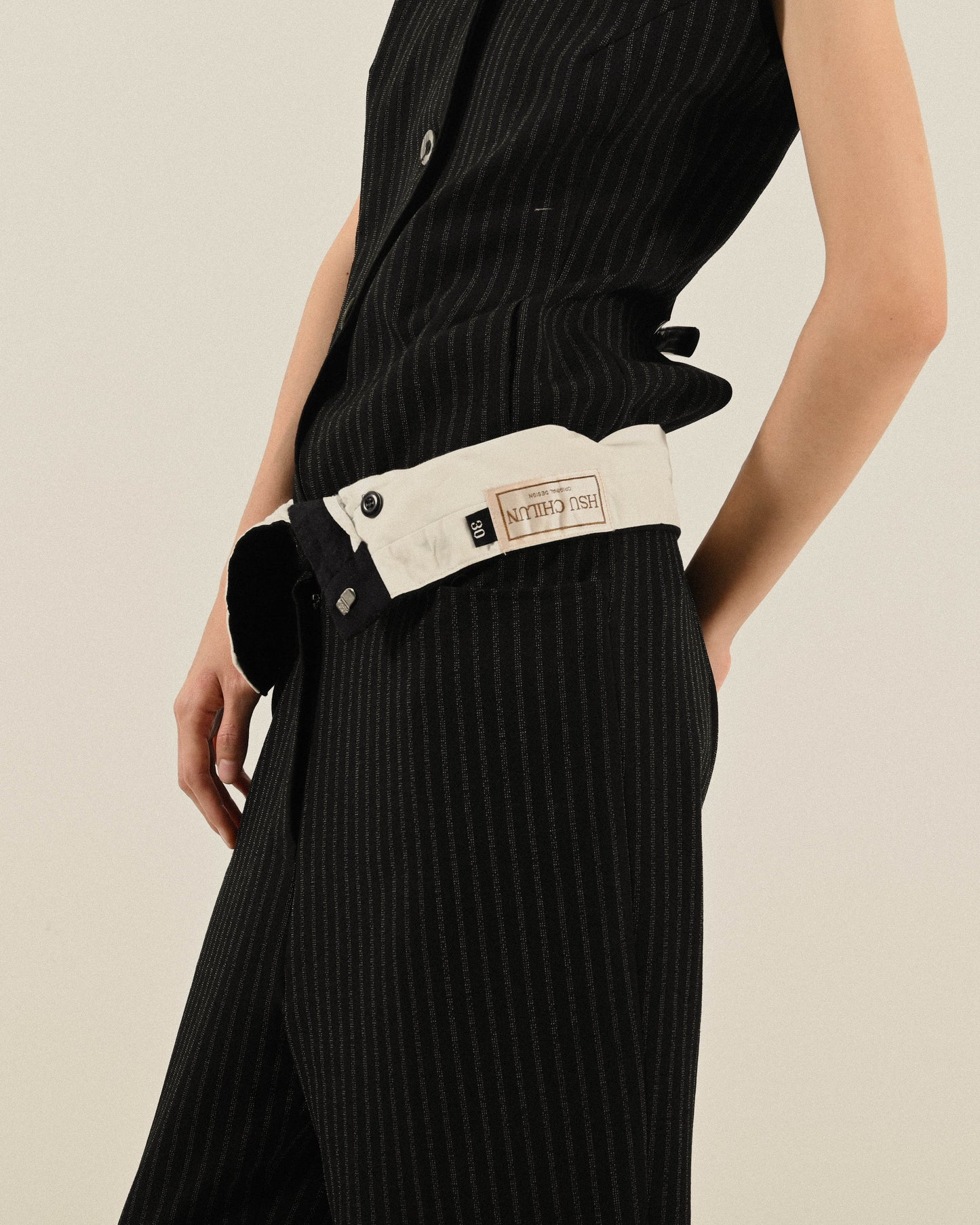 Upcycling反折褲頭條紋古著長褲