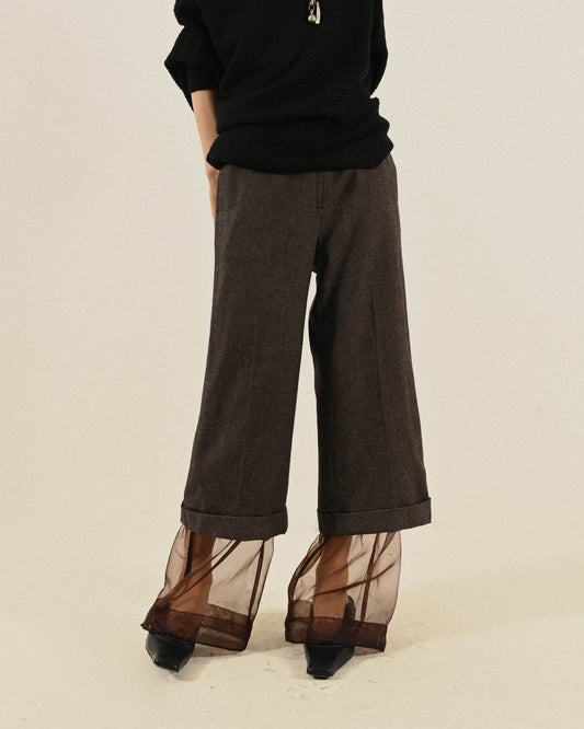 Upcycling紗質拼接毛料古著長褲