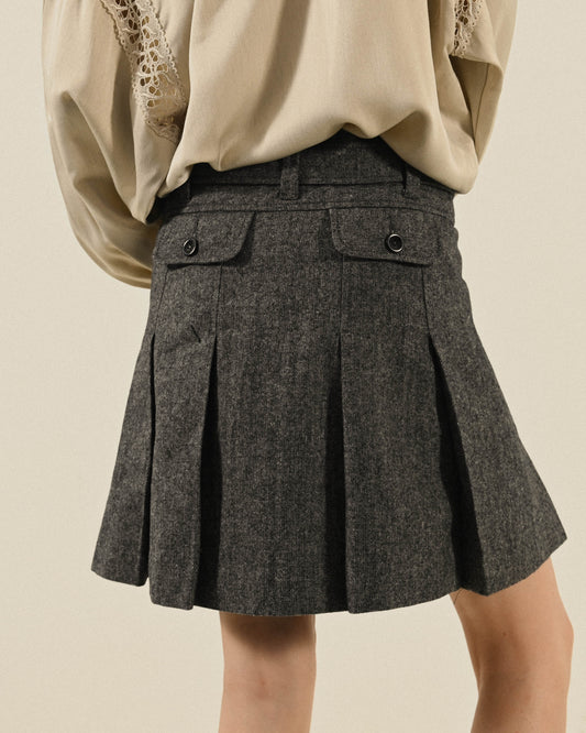 腰帶綴飾混色緹花古著百褶裙