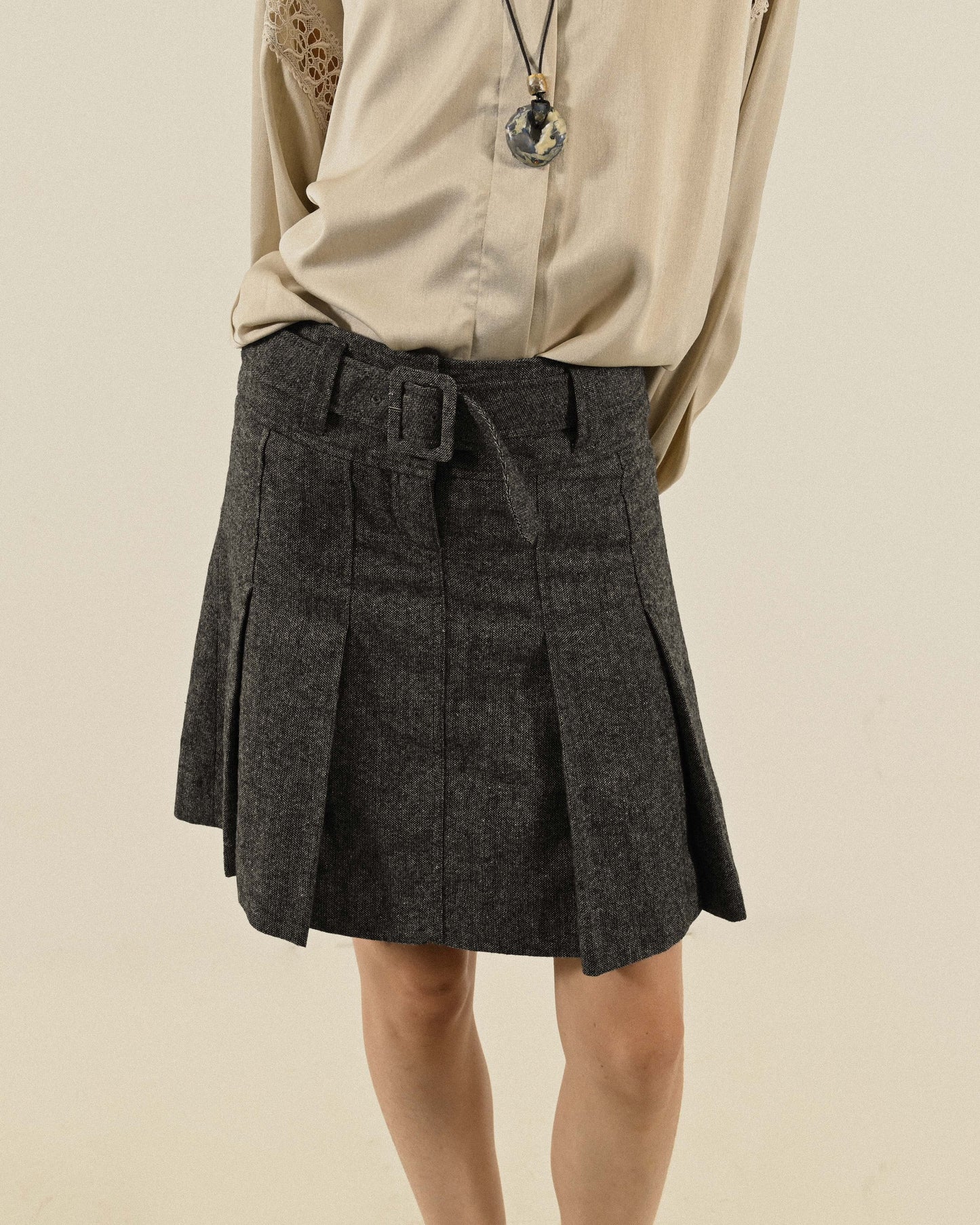 腰帶綴飾混色緹花古著百褶裙