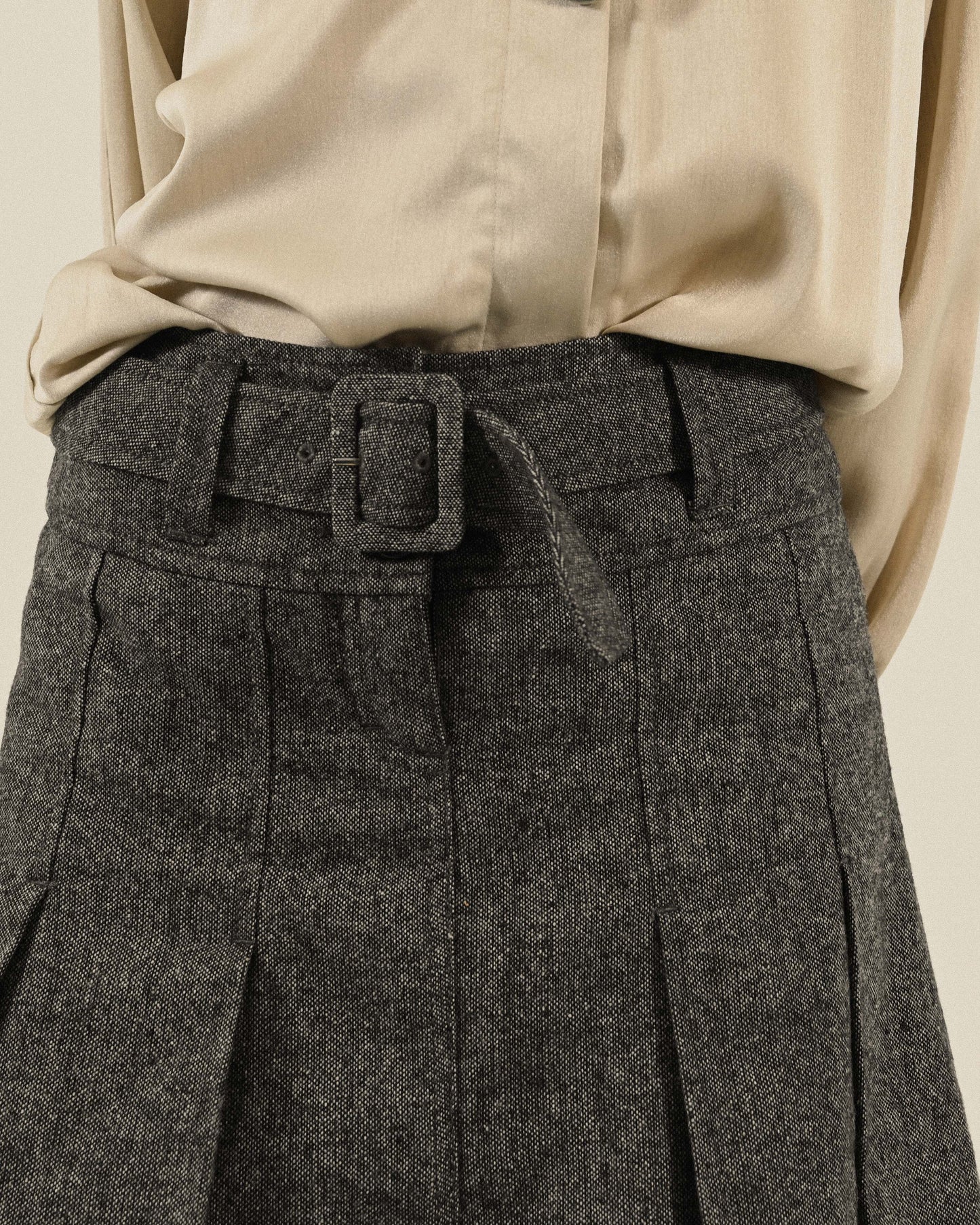 腰帶綴飾混色緹花古著百褶裙