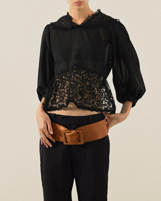 透膚蕾絲寬袖古著上衣