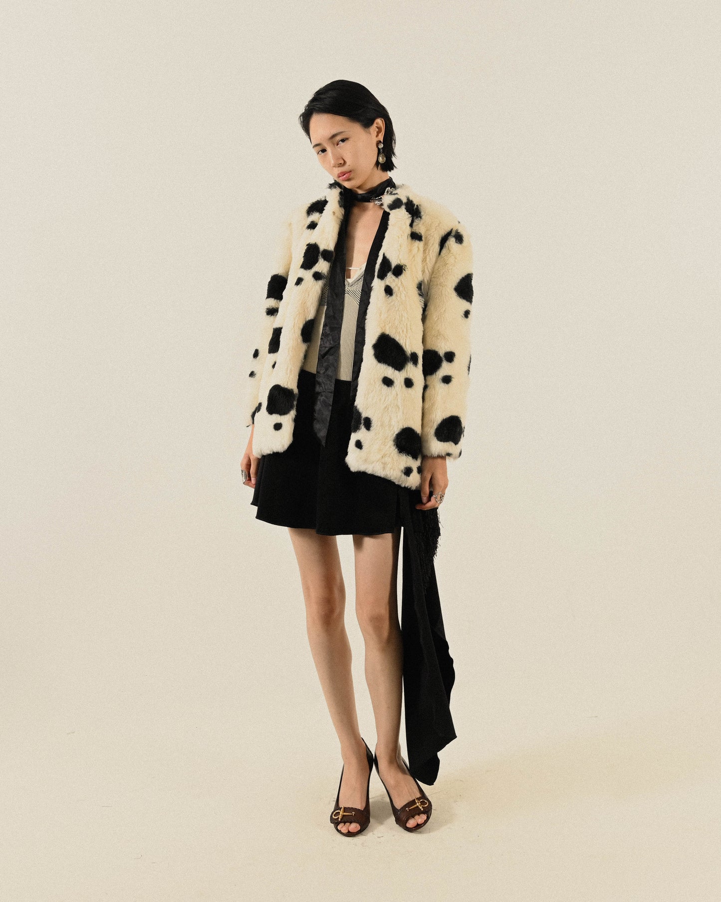 黑白斑紋人造皮草古著外套