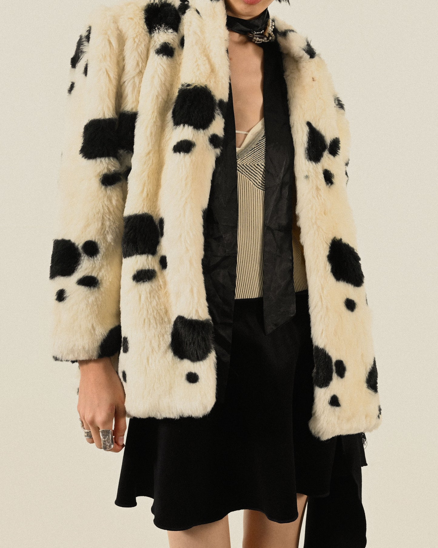 黑白斑紋人造皮草古著外套
