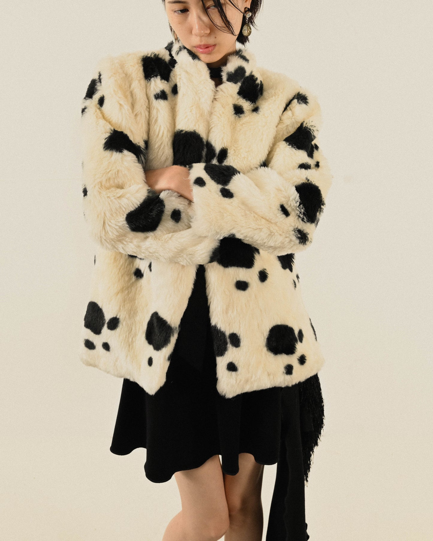 黑白斑紋人造皮草古著外套