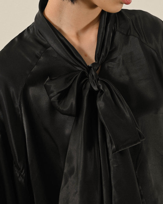 綁帶設計緞面古著襯衫