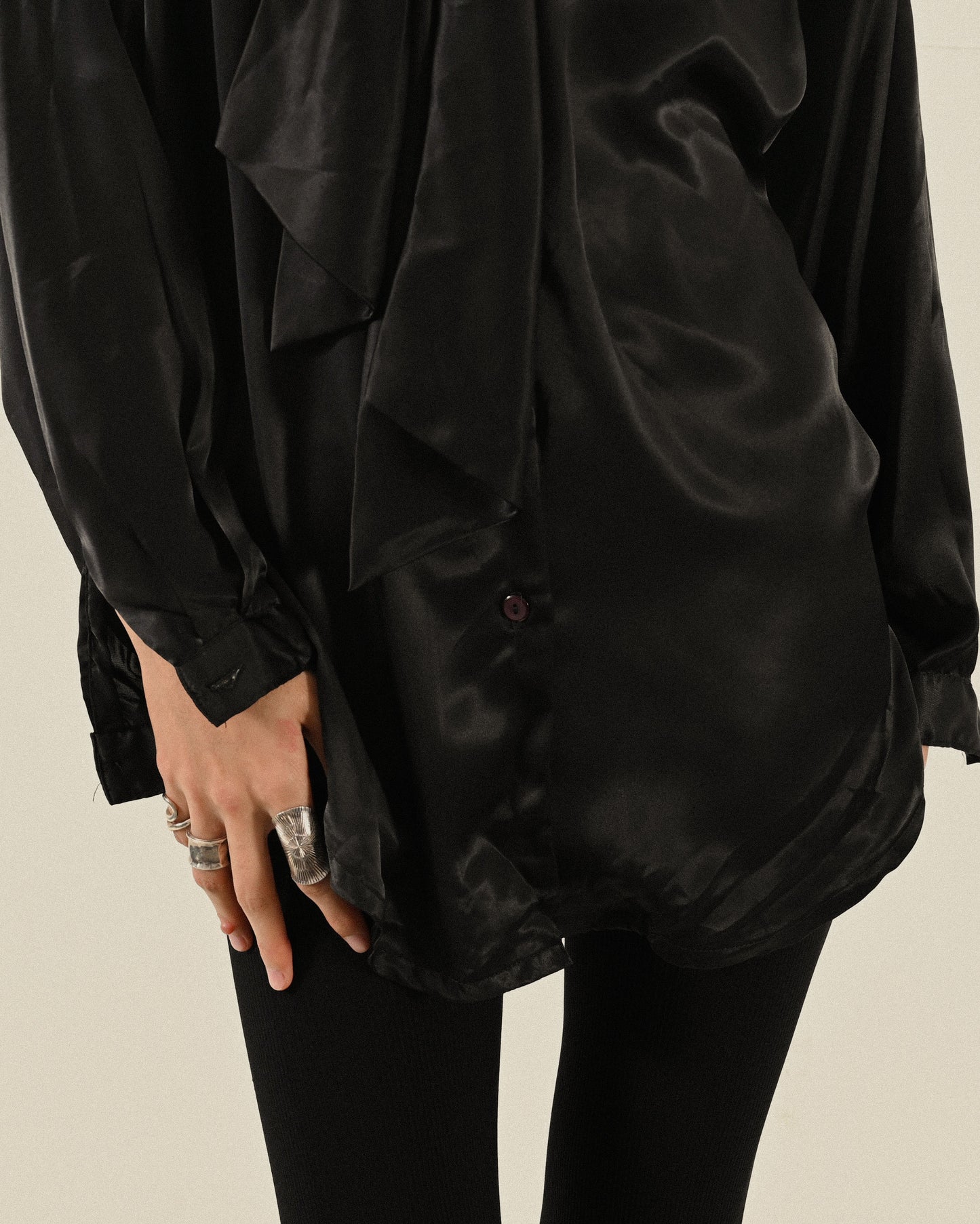 綁帶設計緞面古著襯衫