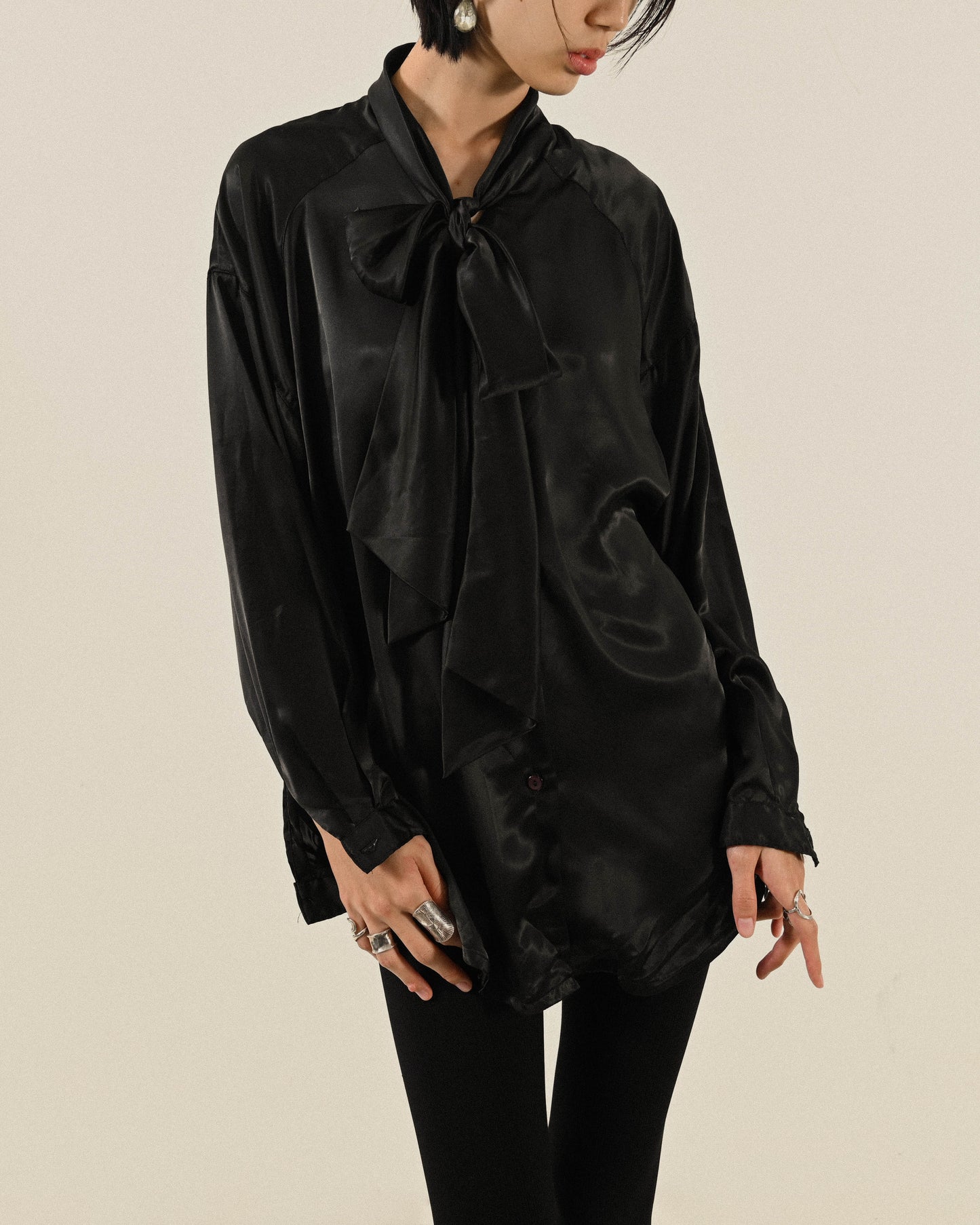 綁帶設計緞面古著襯衫