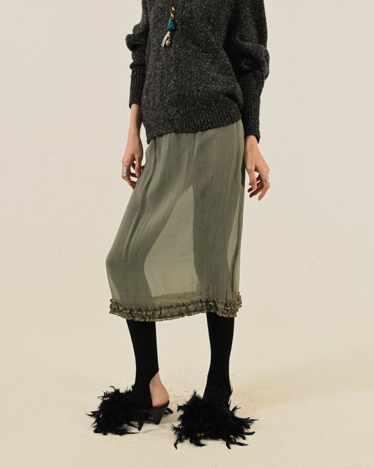 荷葉綴飾透膚紗質古著半身裙