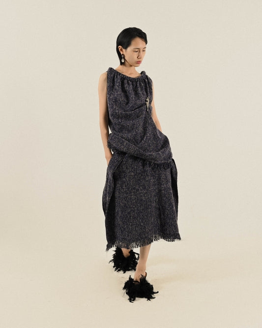 Upcycling流蘇邊緣混色緹花古著套裝