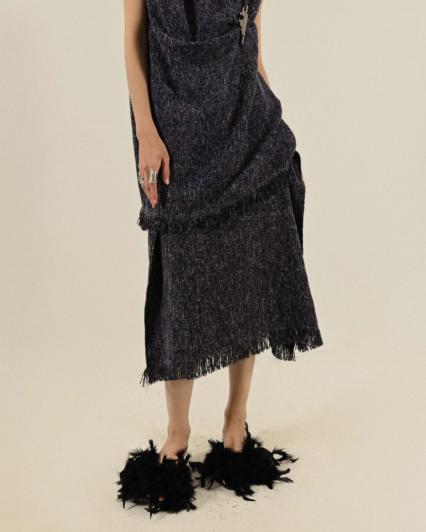 Upcycling流蘇邊緣混色緹花古著套裝