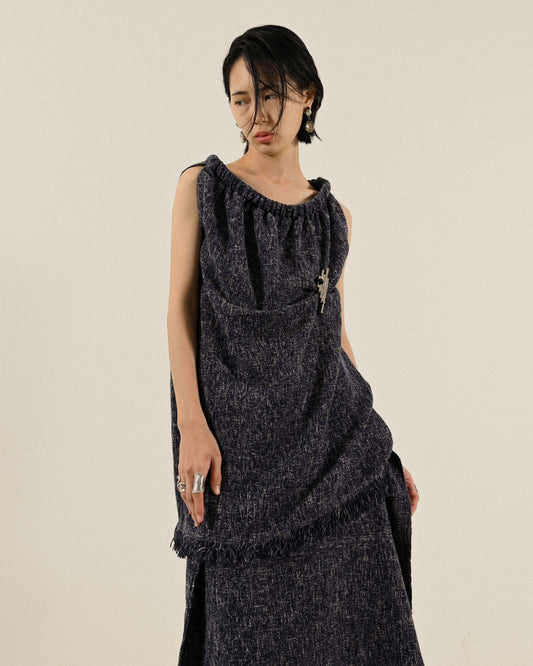 Upcycling流蘇邊緣混色緹花古著套裝