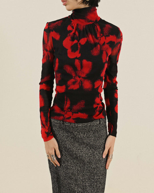 像素印花高領古著上衣